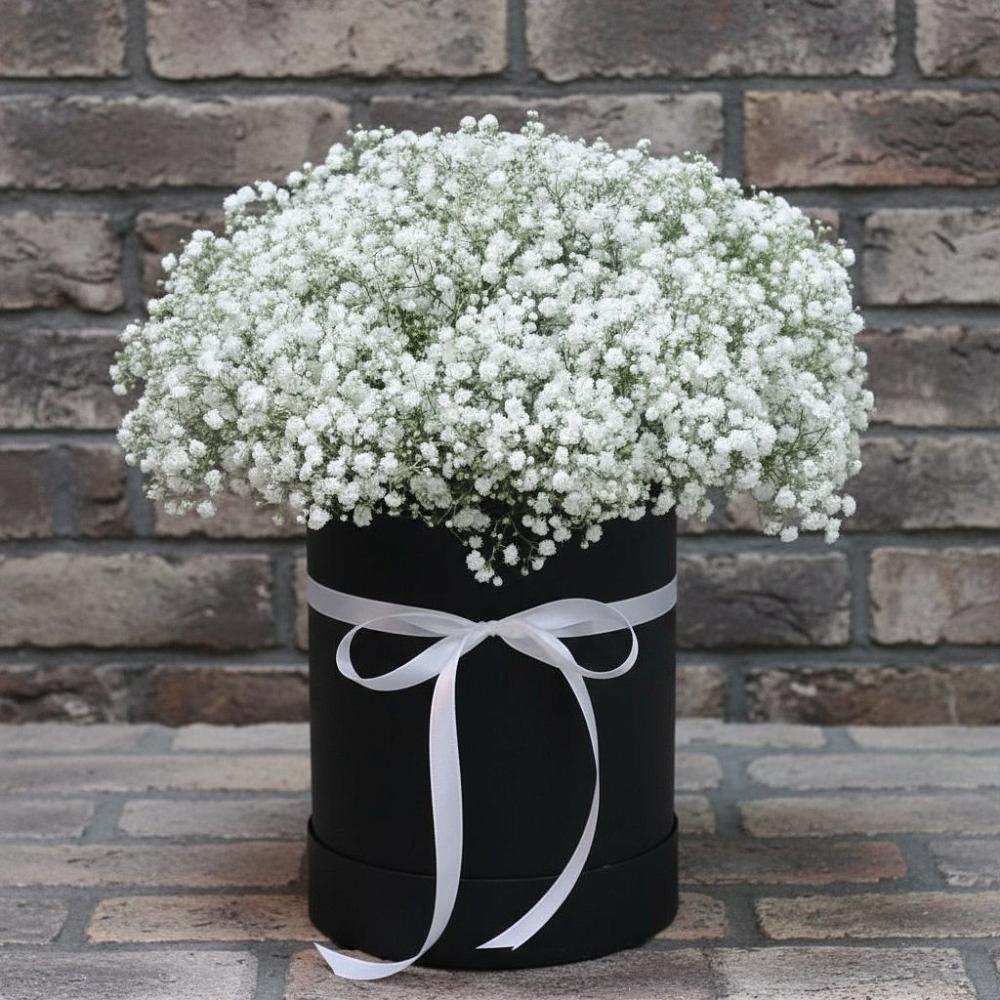 Композиция коробка гипсофил в Новороссийске Цветочная композиция из Гипсофила в шляпной коробке в Новороссийске