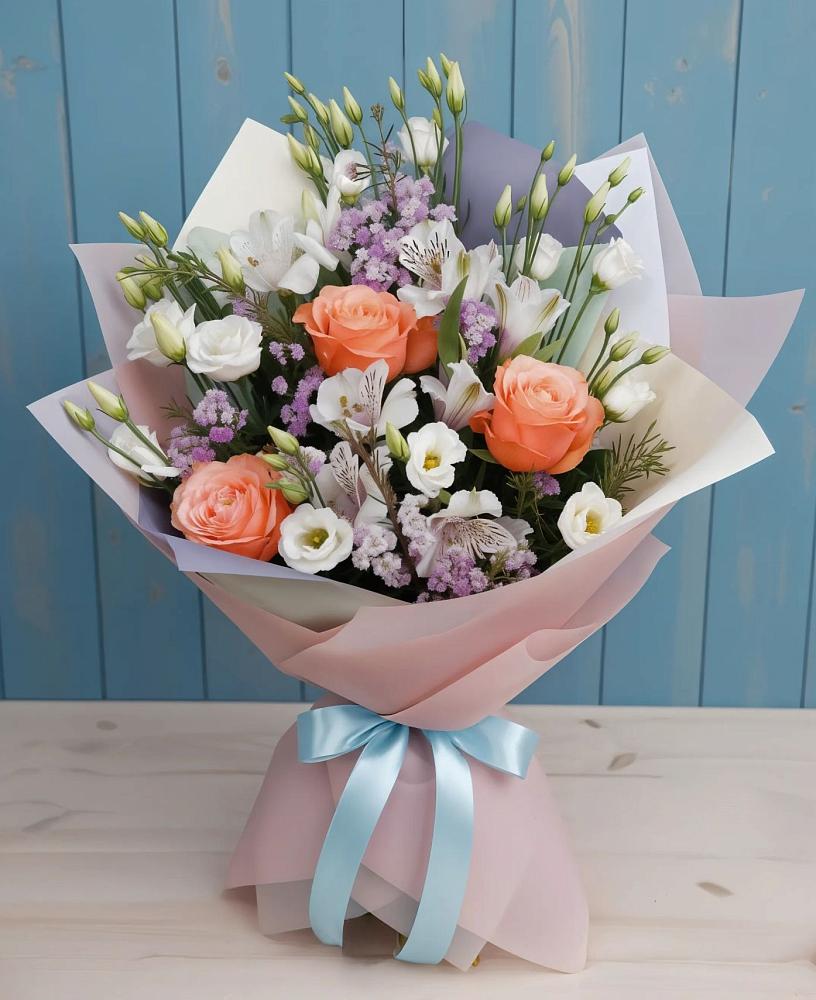 Букет Утренняя свежесть в Новороссийске Букет цветов из: Лизиантусы, Розы, Альстромерии и Гипсофила в Новороссийске