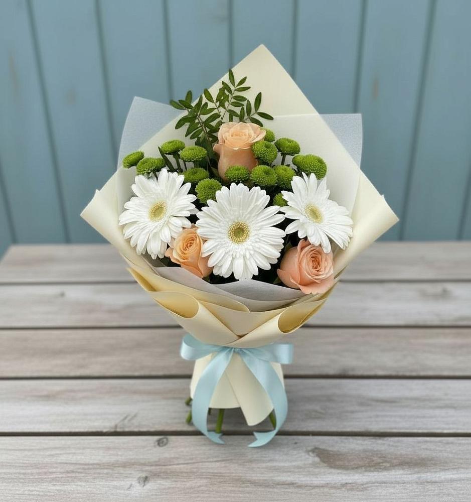 Букет герберы и розы в Новороссийске Букет цветов из: Герберы, Розы и Хризантемы в Новороссийске