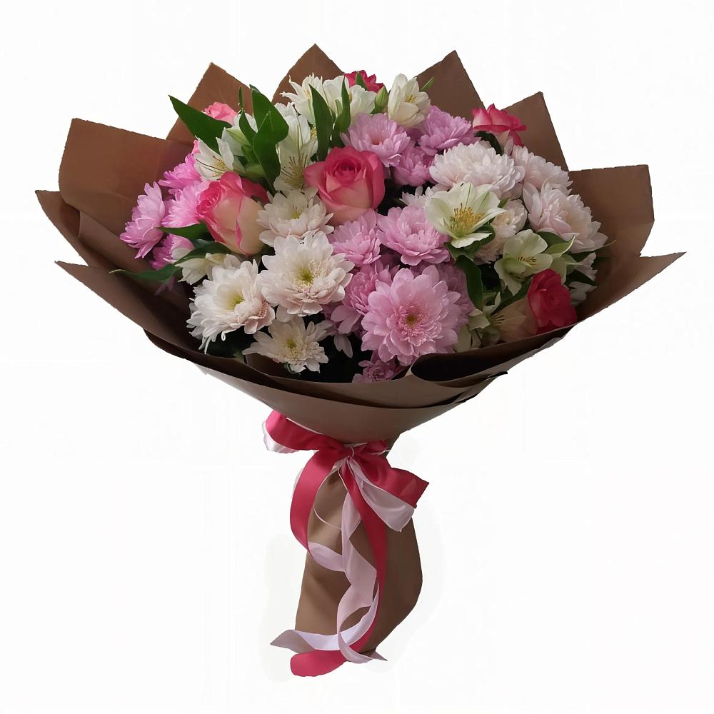 Букет Розовое очарование в Новороссийске Букет цветов из: Хризантемы, Альстромерии и Розы в Новороссийске